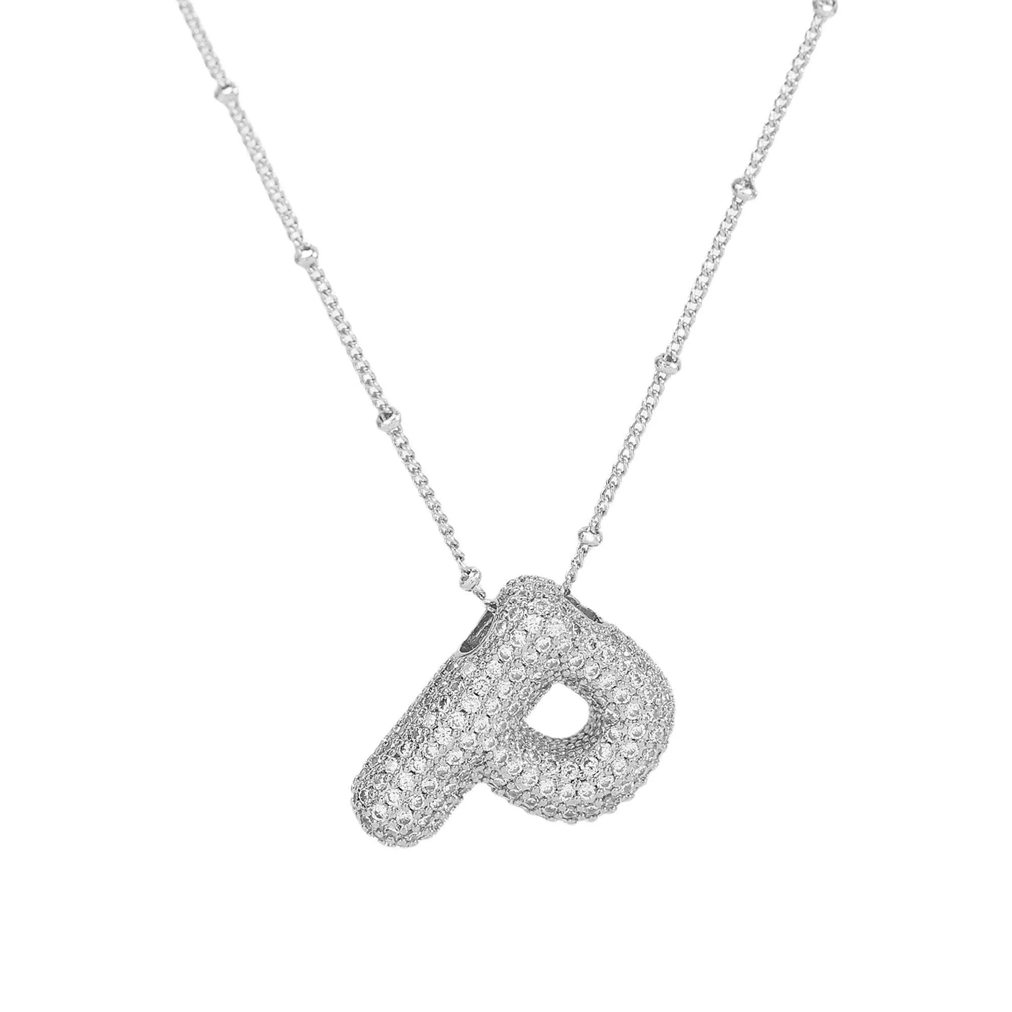 Initial CZ Balloon Bubble Sterling Silver Necklace: F