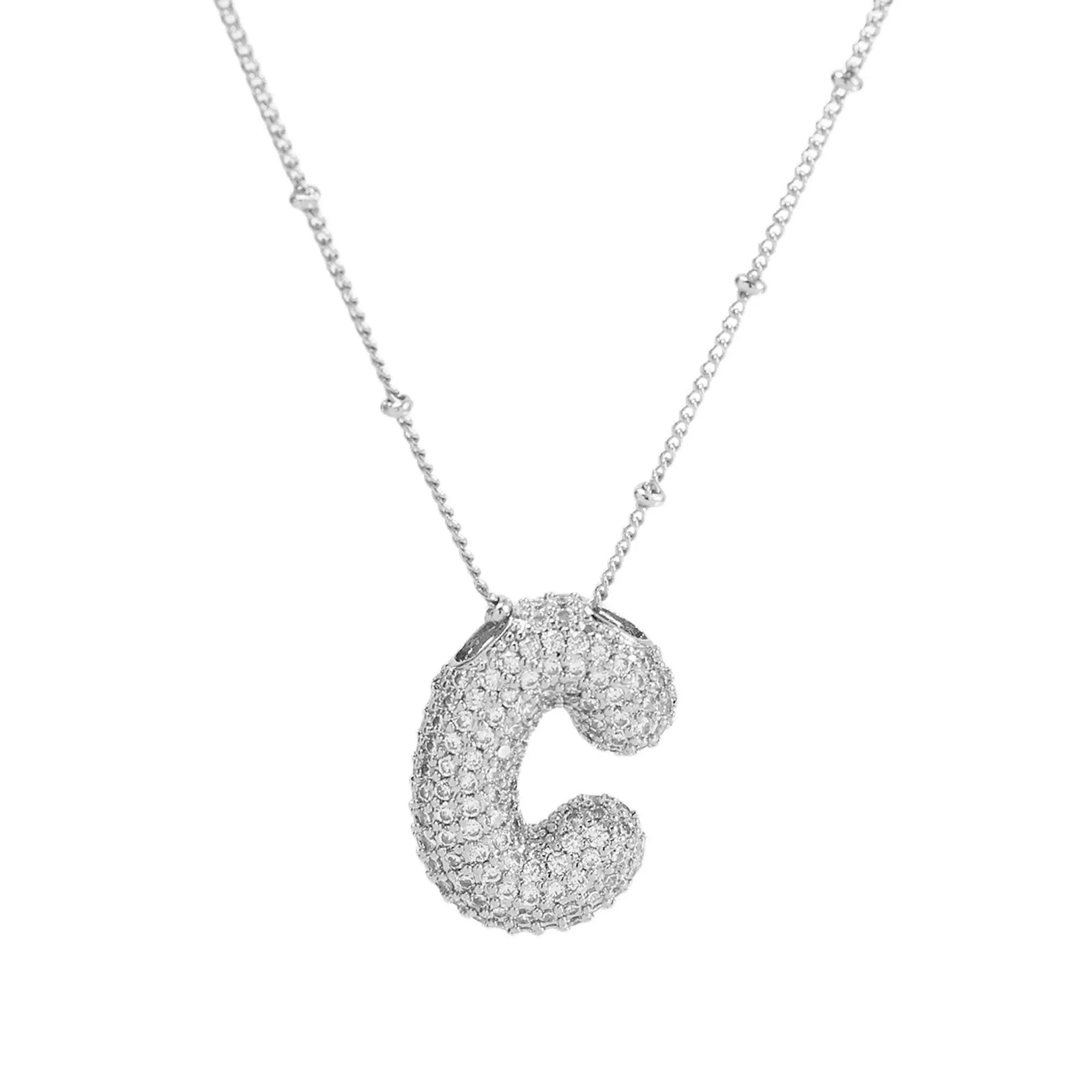 Initial CZ Balloon Bubble Sterling Silver Necklace: F