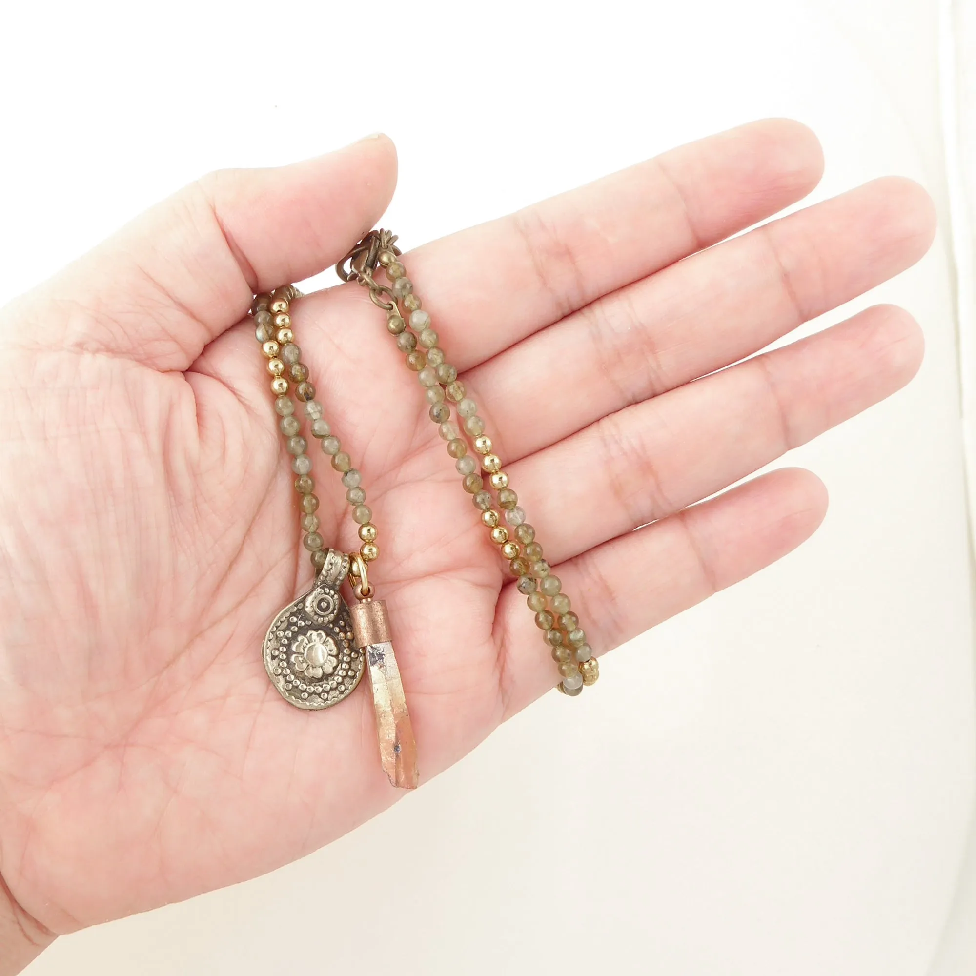 Labradorite coin charm necklace
