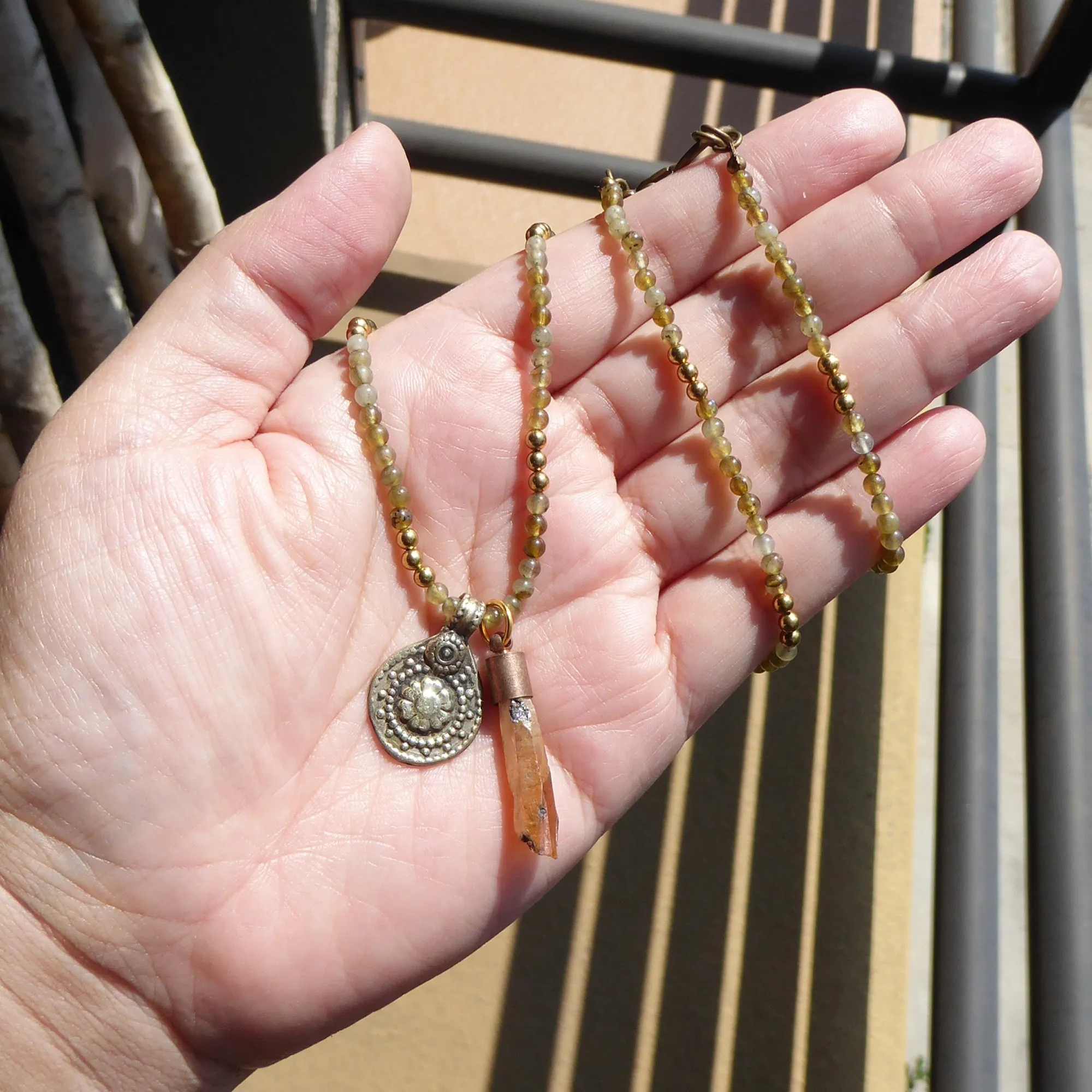 Labradorite coin charm necklace