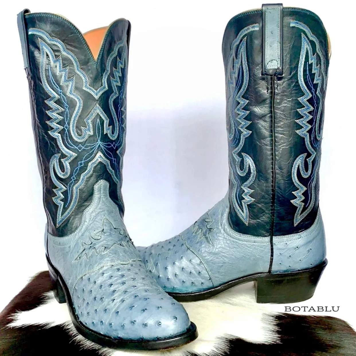 LUCCHESE 1883 Ostrich Exotic Skin Goat Leather Blue Cowboy Western Boots