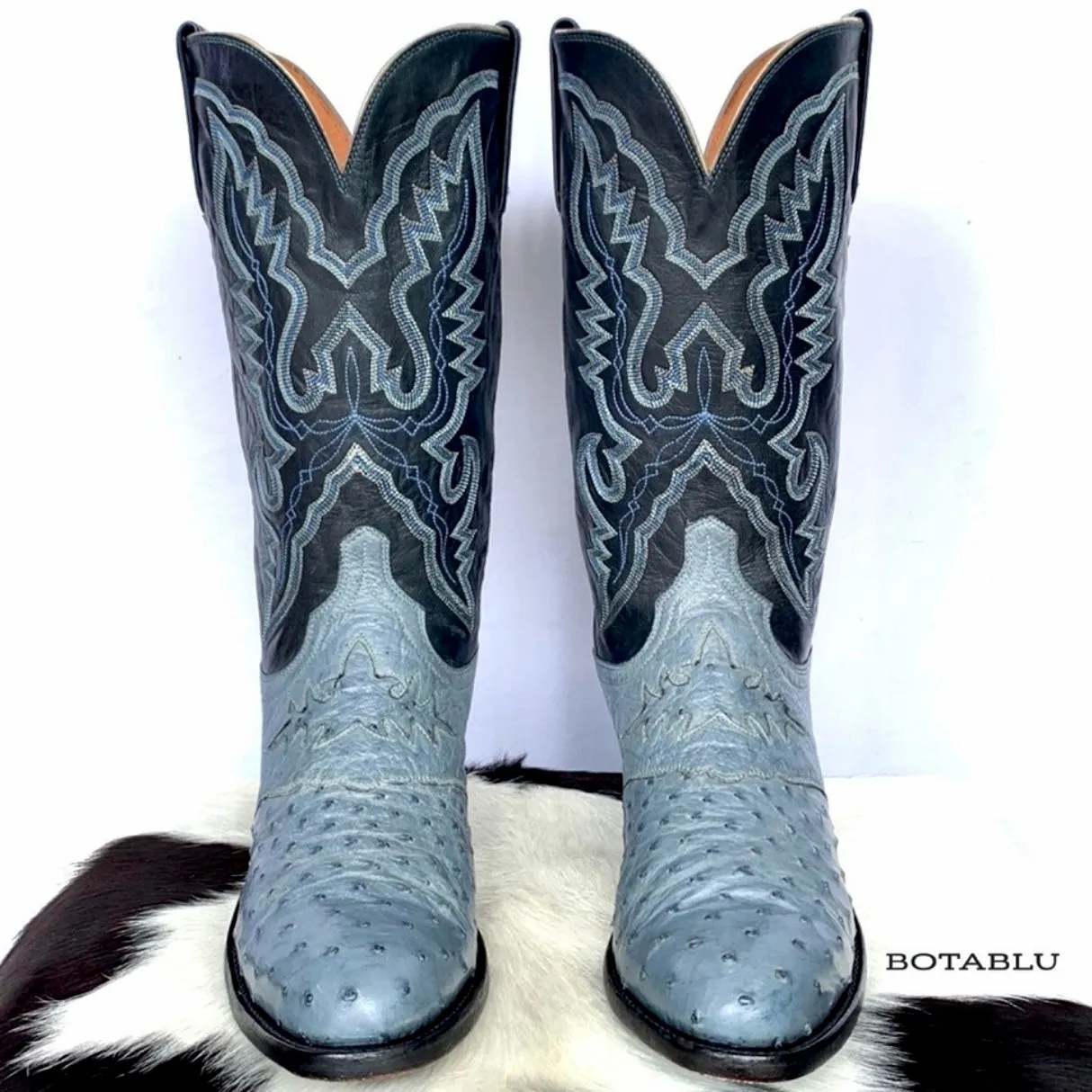 LUCCHESE 1883 Ostrich Exotic Skin Goat Leather Blue Cowboy Western Boots