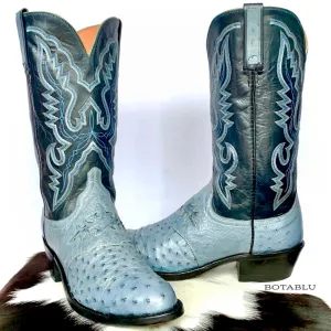 LUCCHESE 1883 Ostrich Exotic Skin Goat Leather Blue Cowboy Western Boots