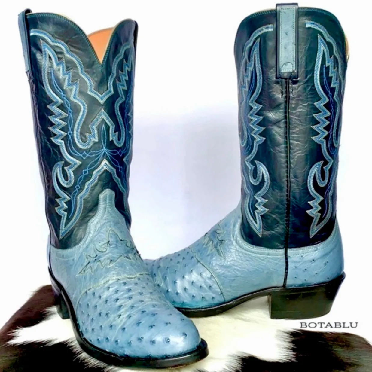 LUCCHESE 1883 Ostrich Exotic Skin Goat Leather Blue Cowboy Western Boots