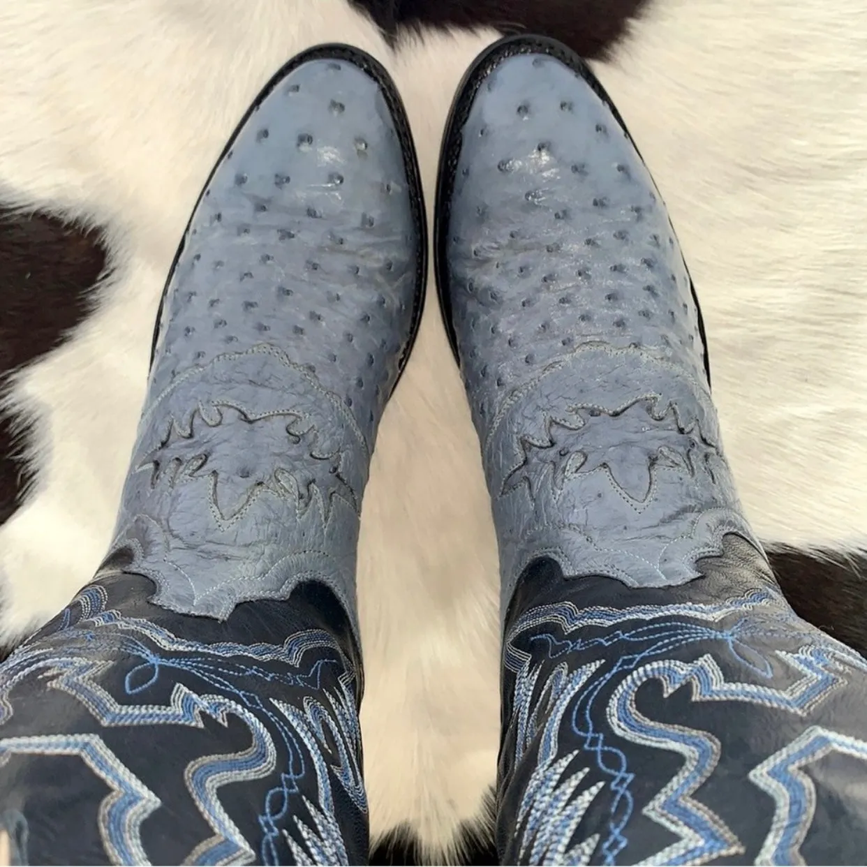LUCCHESE 1883 Ostrich Exotic Skin Goat Leather Blue Cowboy Western Boots