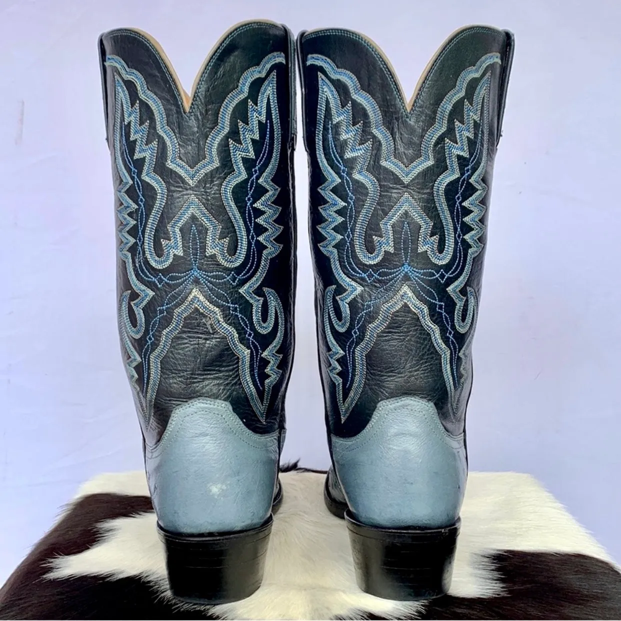 LUCCHESE 1883 Ostrich Exotic Skin Goat Leather Blue Cowboy Western Boots
