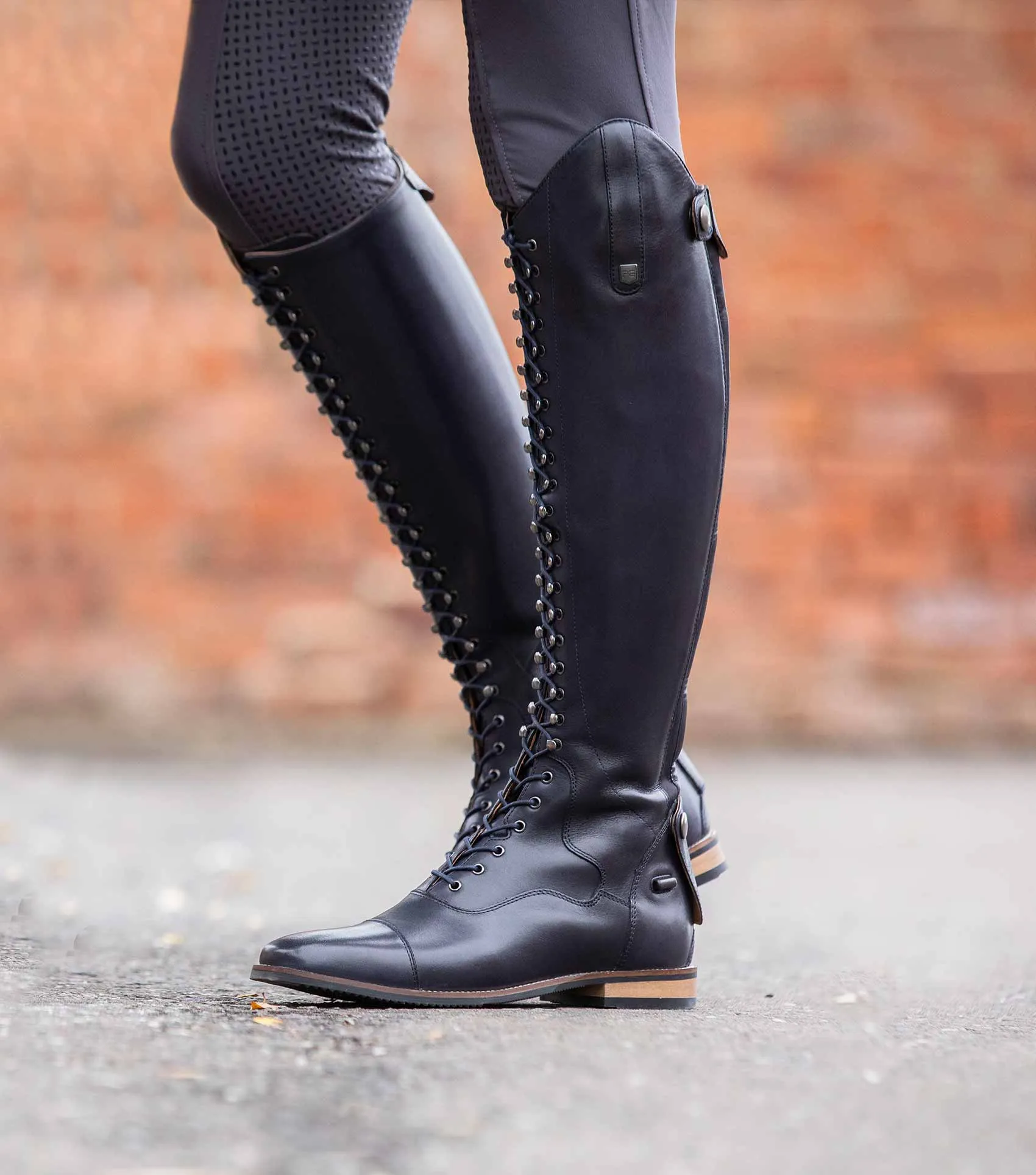 Maurizia Ladies Lace Front Tall Leather Riding Boots Navy (Wide Calf)