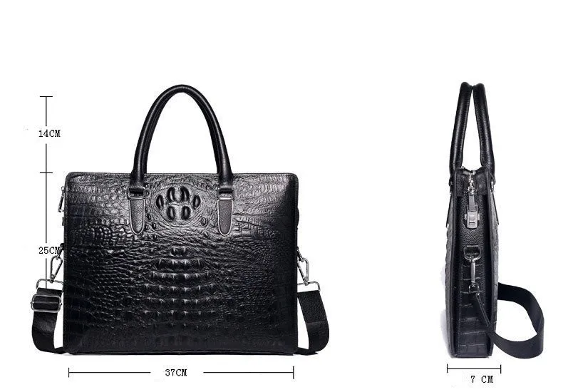 Men Handbag Crocodile Cowhide Leather Laptop Shoulder Bag