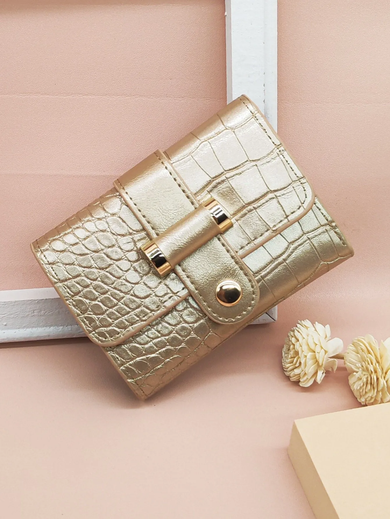 Metallic Crocodile Embossed Fold Over Small Wallet - Gold