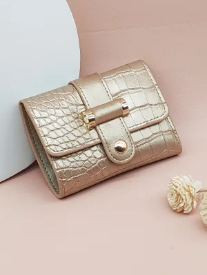 Metallic Crocodile Embossed Fold Over Small Wallet - Gold