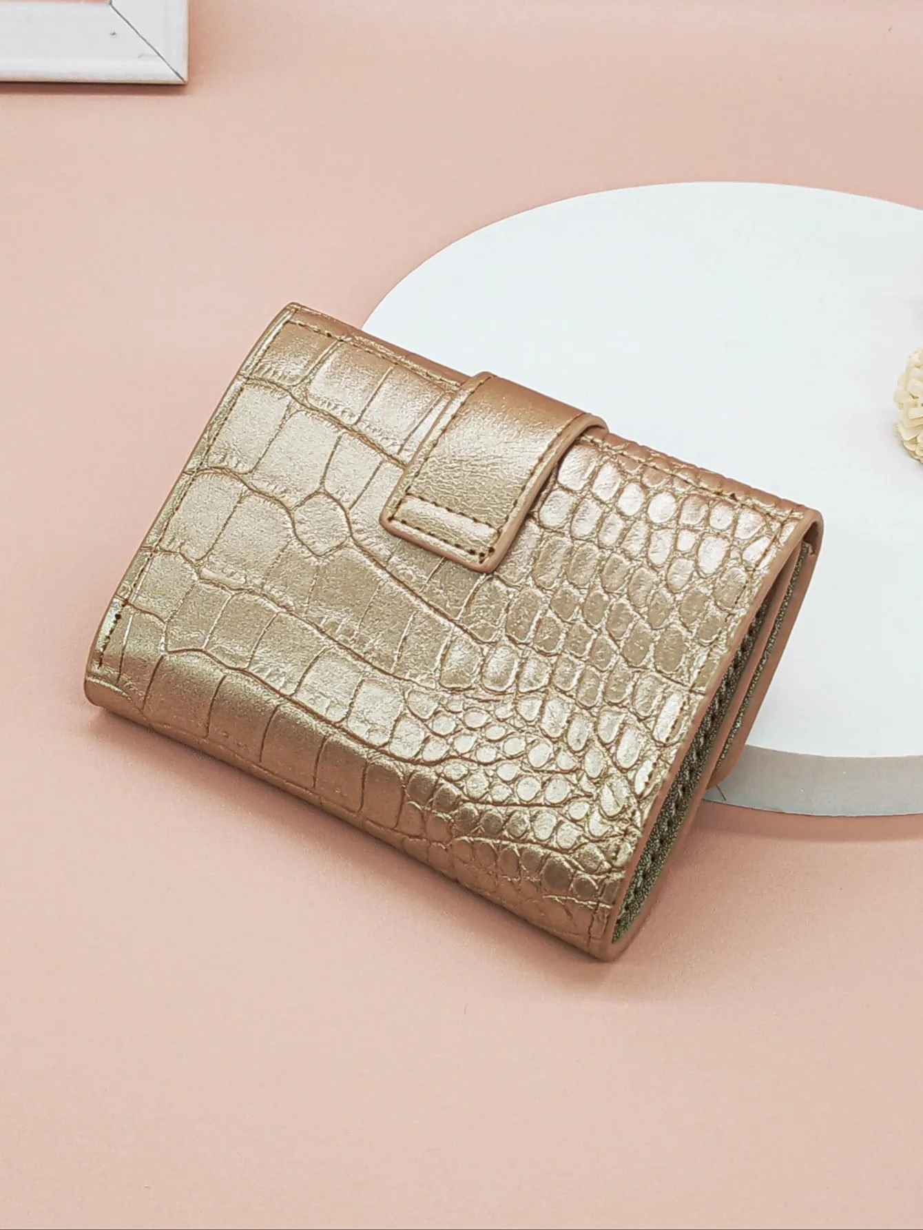 Metallic Crocodile Embossed Fold Over Small Wallet - Gold