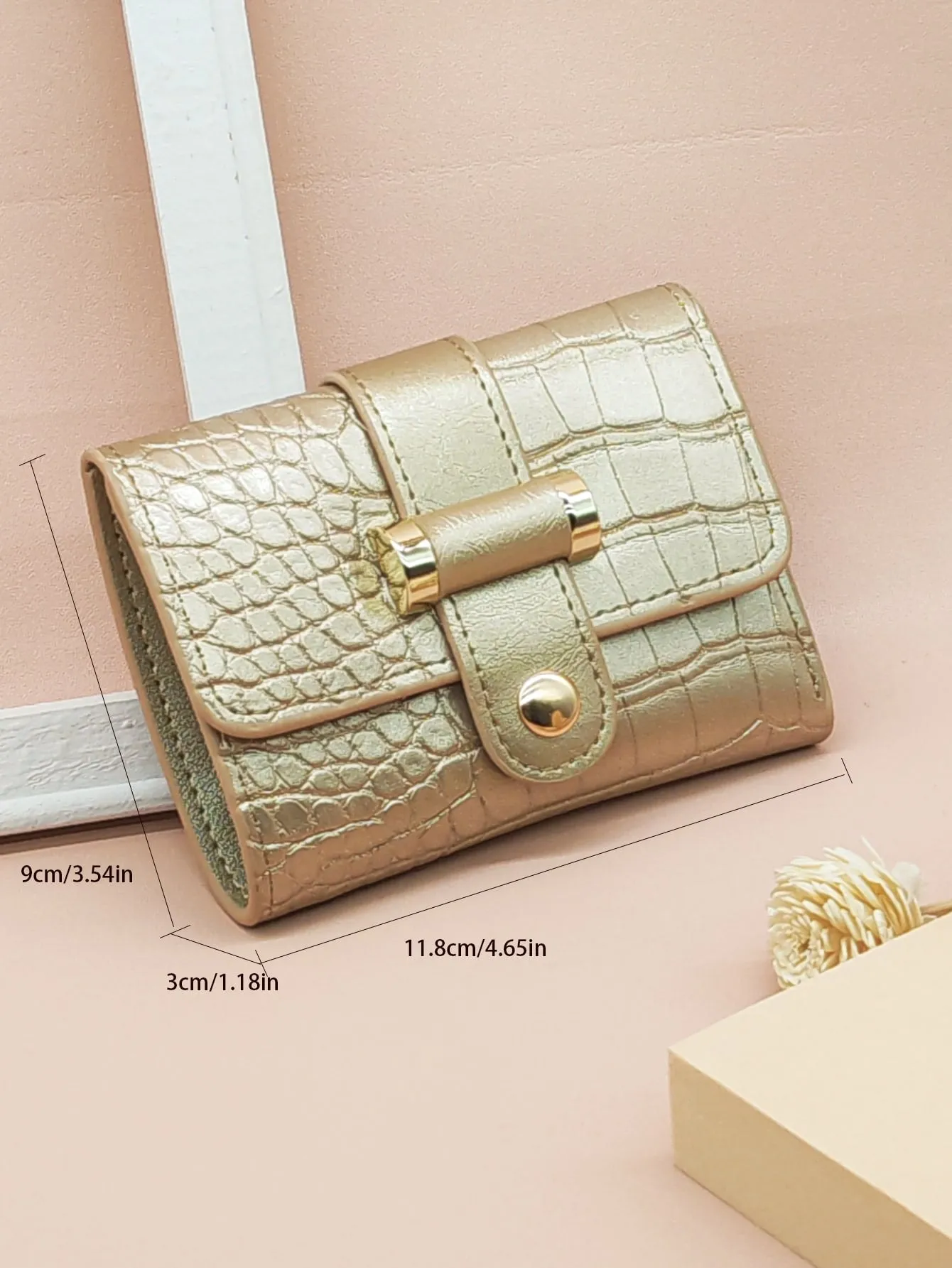 Metallic Crocodile Embossed Fold Over Small Wallet - Gold