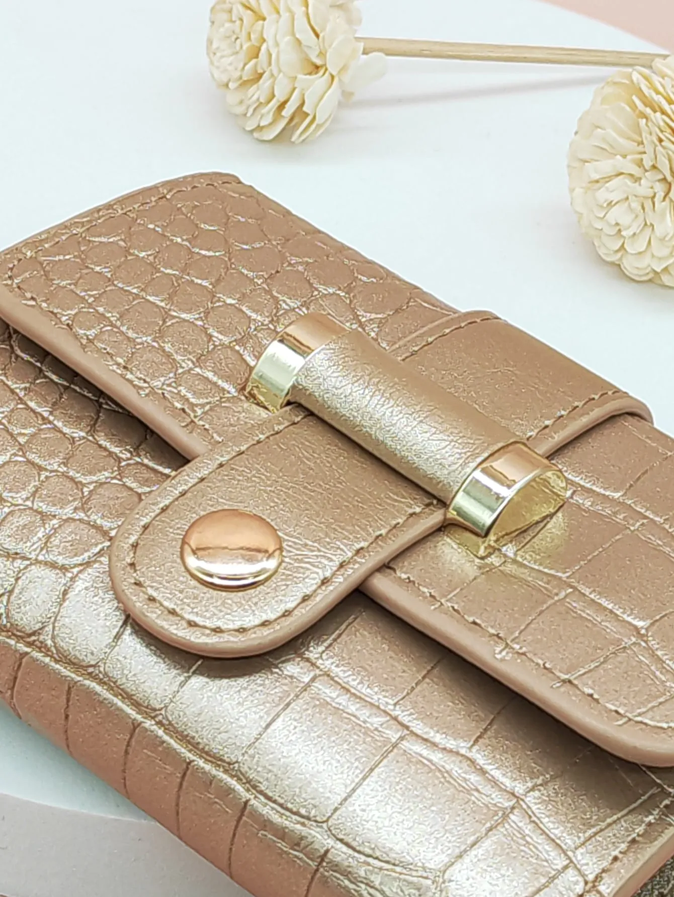 Metallic Crocodile Embossed Fold Over Small Wallet - Gold