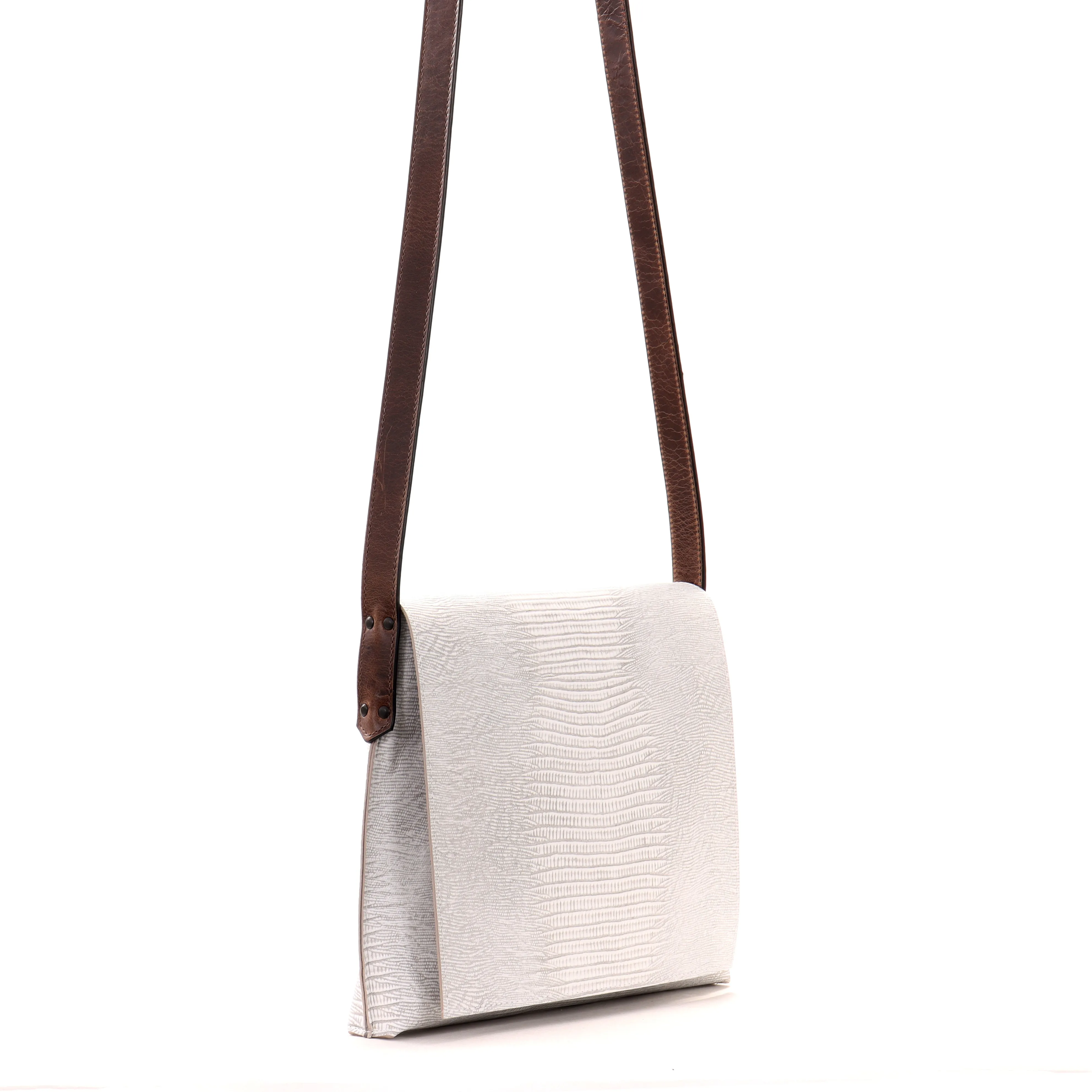 MINI MESSENGER ANTIQUE WHITE EMBOSSED LIZARD