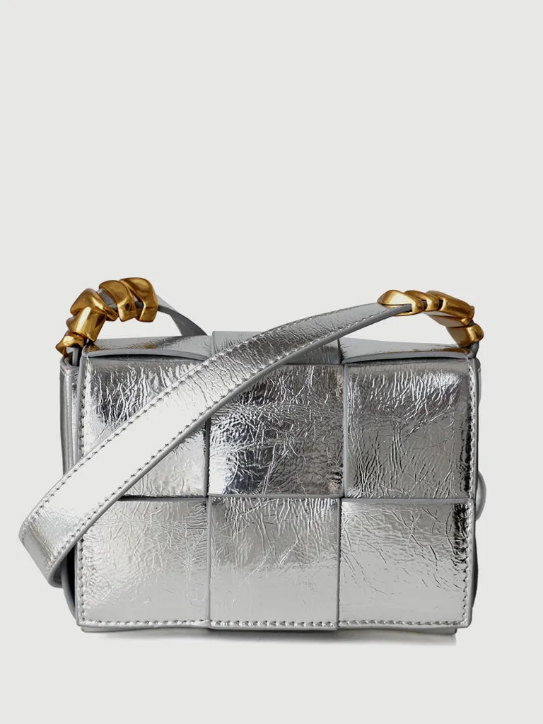 Mini Square Padded Cassette Bag Woven Leather Shoulder Bag Crossbody Handbag