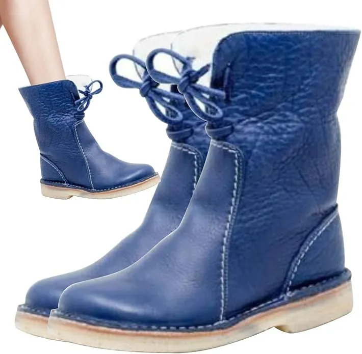 NEW HUNYA Women's Vintage Waterproof Soft Wool Lining Boots, PU Leather Winter Snow Boots, Blue, Sz 8, Retails $50