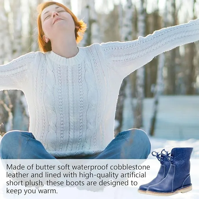 NEW HUNYA Women's Vintage Waterproof Soft Wool Lining Boots, PU Leather Winter Snow Boots, Blue, Sz 8, Retails $50