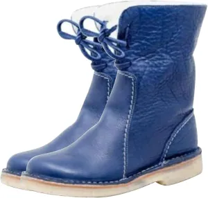 NEW HUNYA Women's Vintage Waterproof Soft Wool Lining Boots, PU Leather Winter Snow Boots, Blue, Sz 8, Retails $50