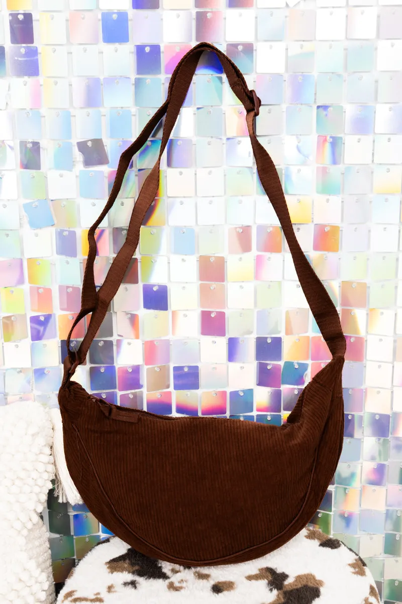 Out Exploring Brown Corduroy Half Moon Bag