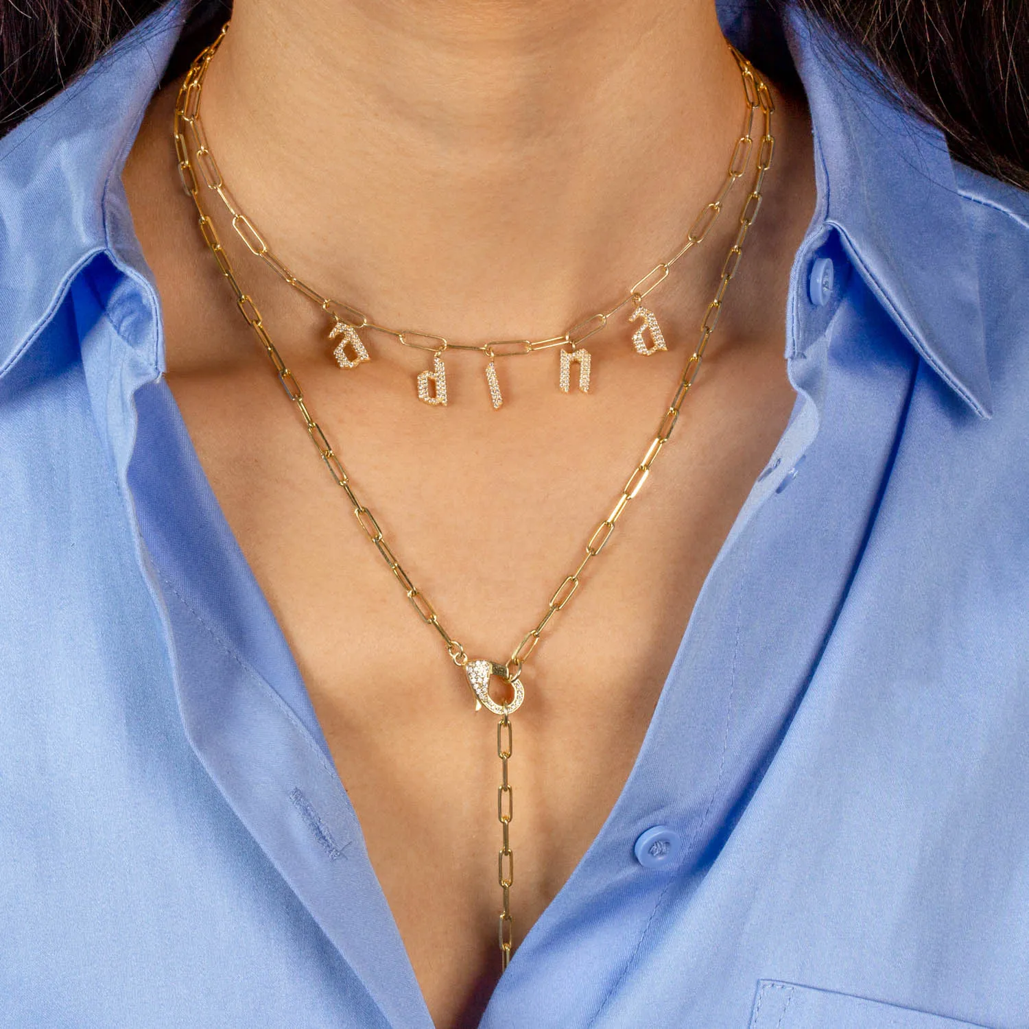 Pavé Gothic Dangling Name Paperclip Necklace
