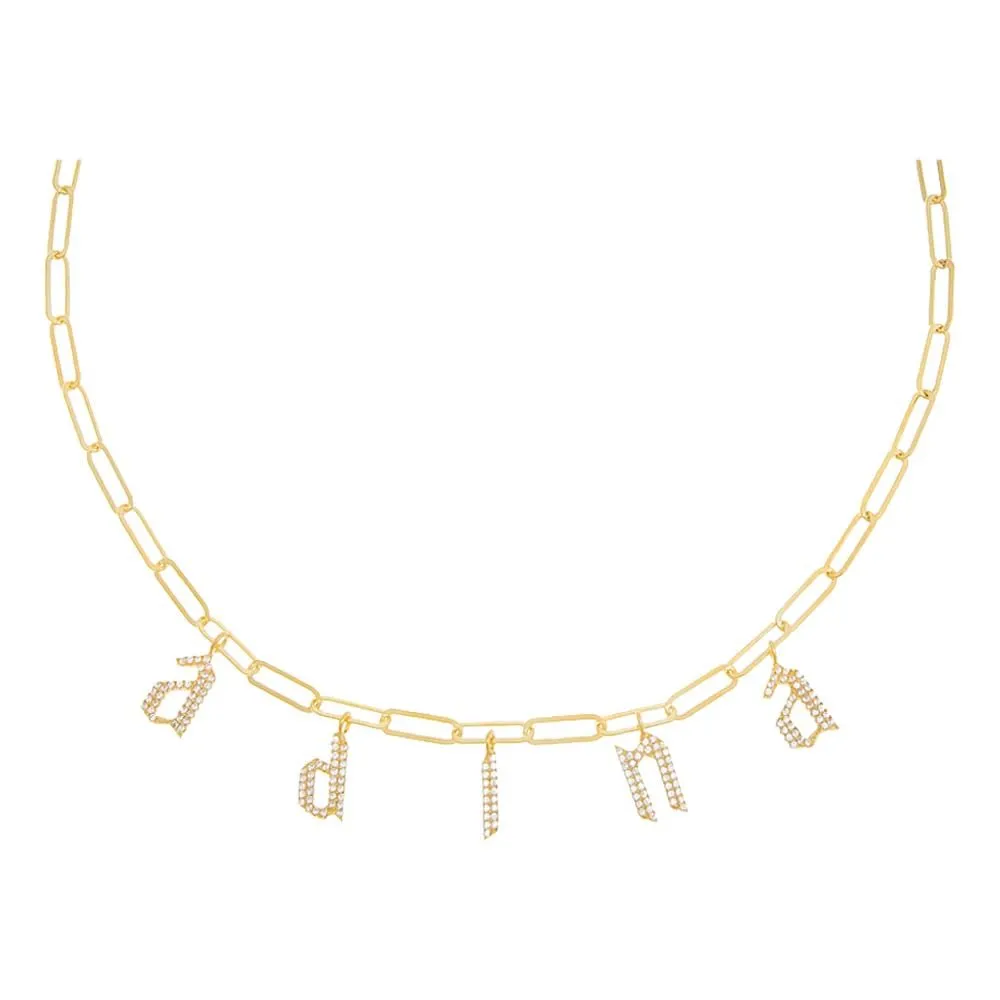 Pavé Gothic Dangling Name Paperclip Necklace