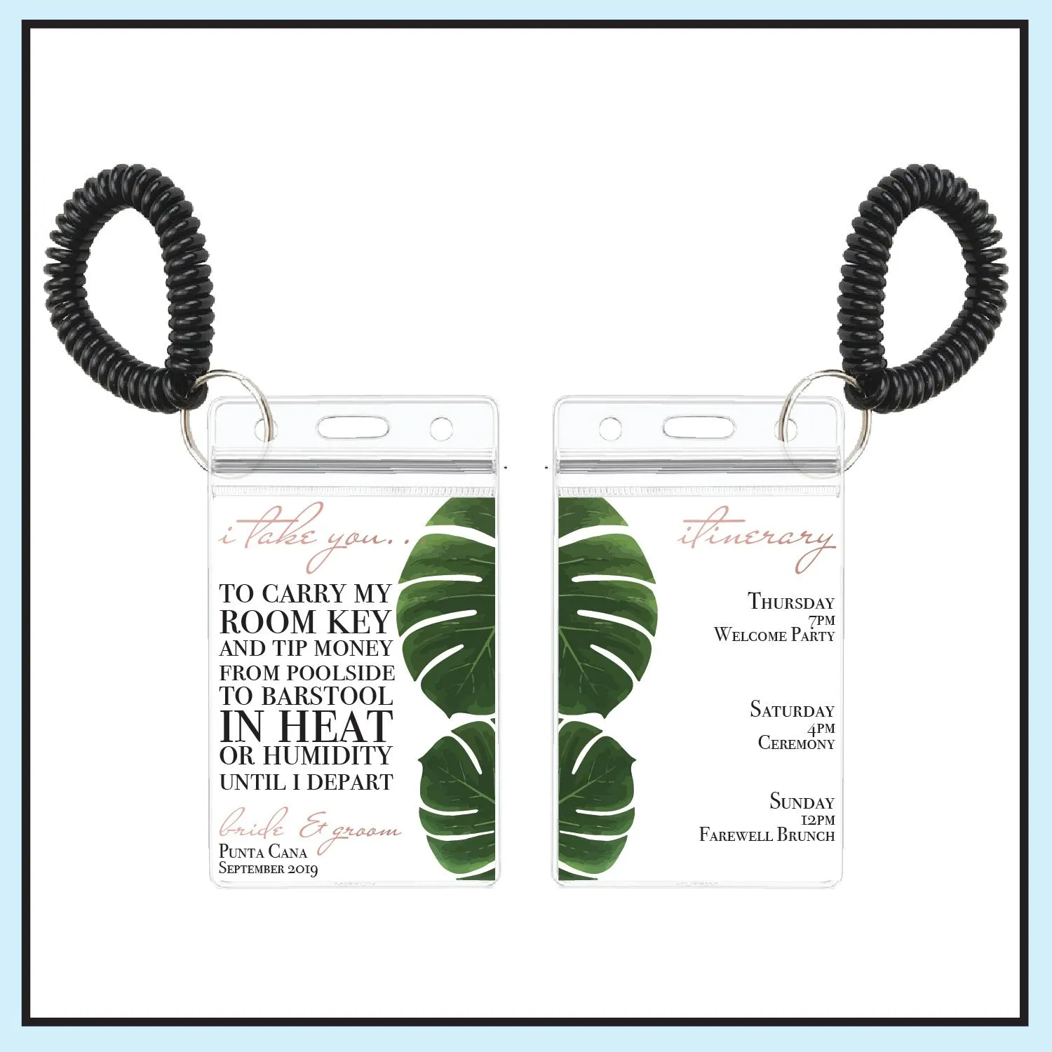 Personalized Destination Wedding Room Key Holder and Itinerary - Palm
