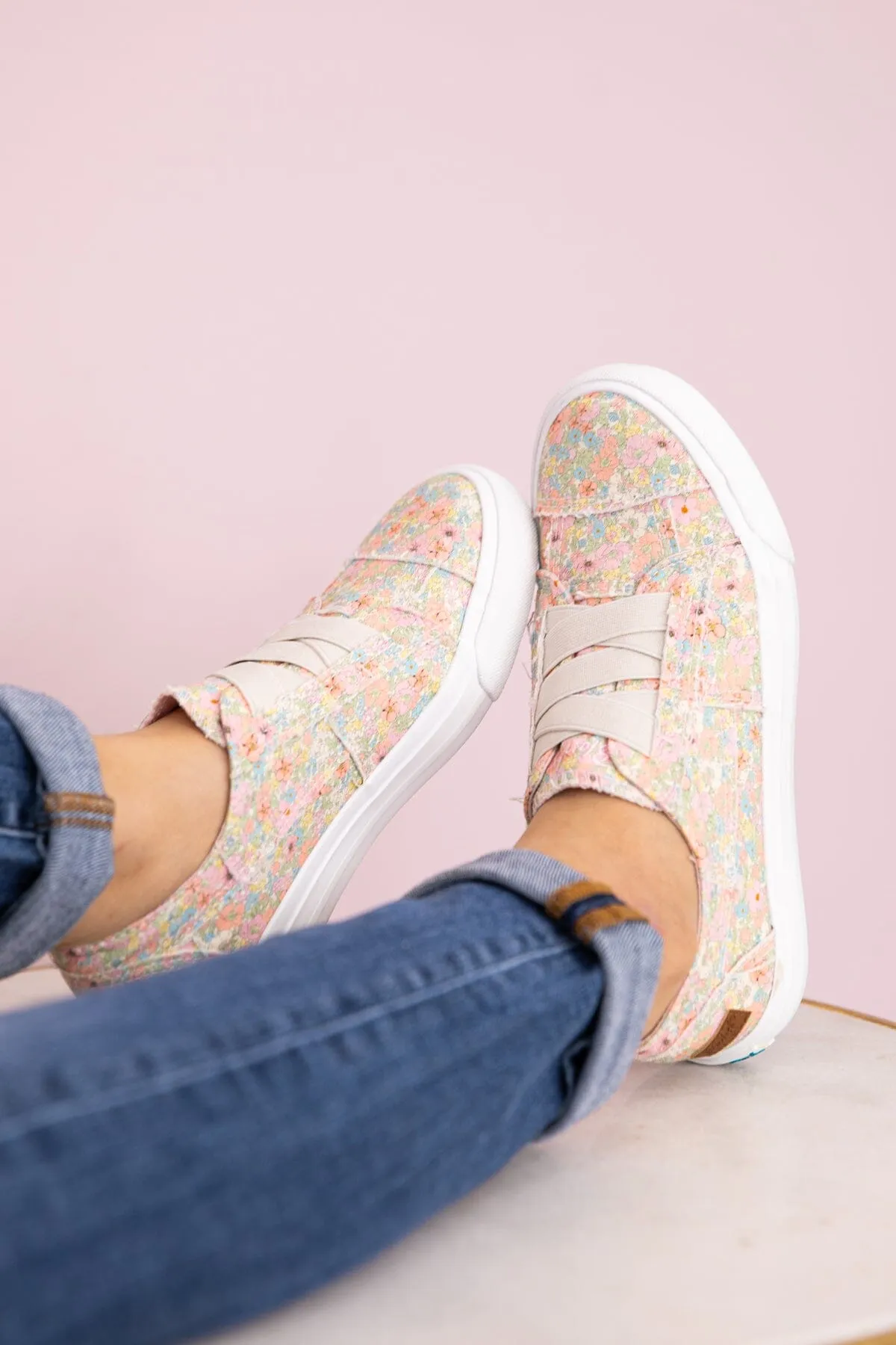 Pink and White Floral Print Slip On Sneakers