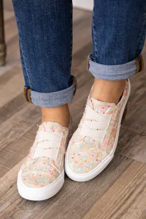 Pink and White Floral Print Slip On Sneakers