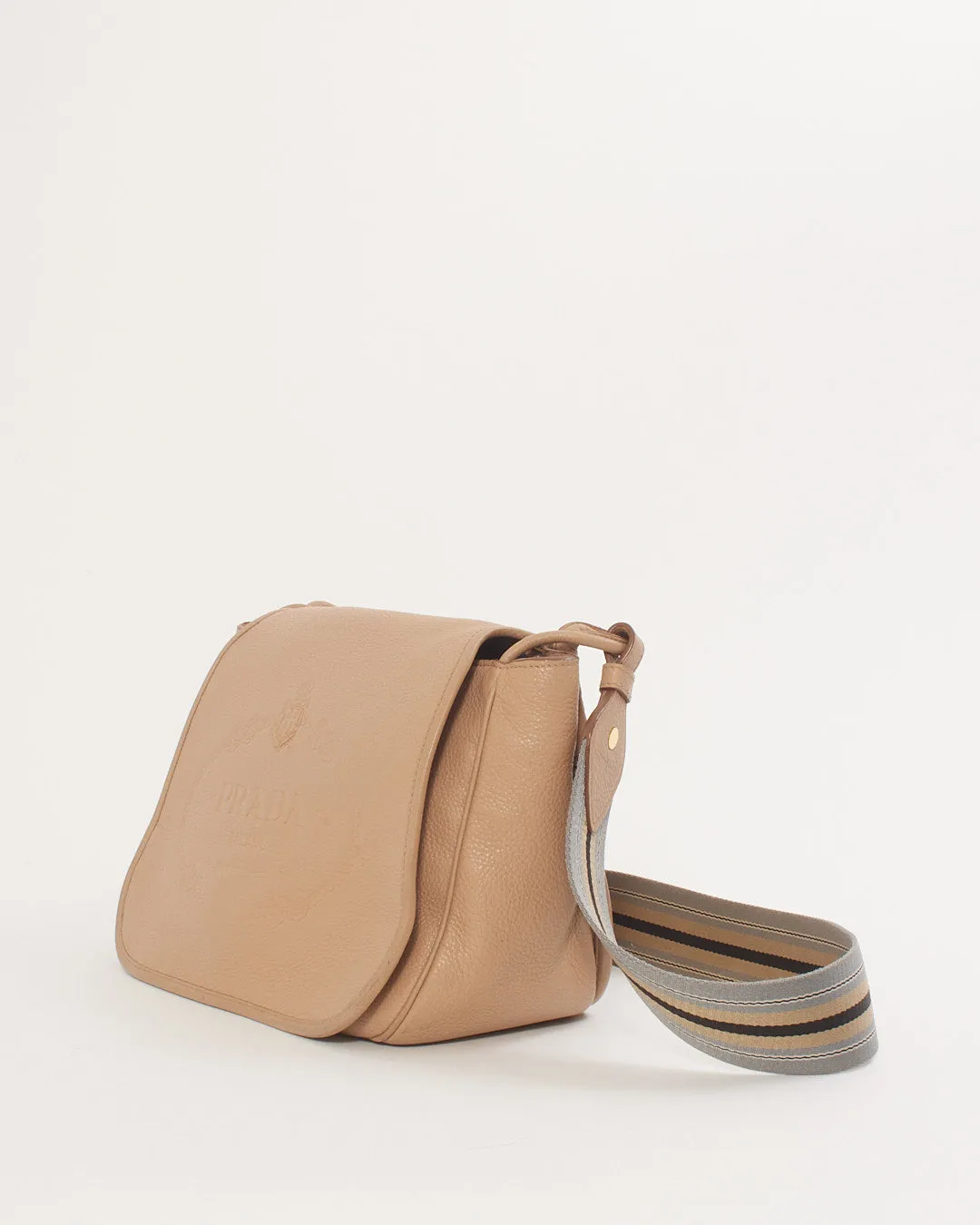 Prada Beige Leather Canapa Logo Fabric Strap Crossbody Bag
