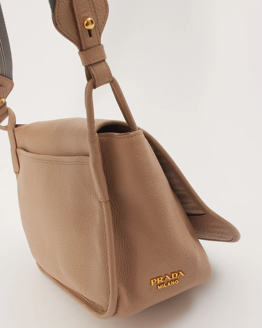 Prada Beige Leather Canapa Logo Fabric Strap Crossbody Bag