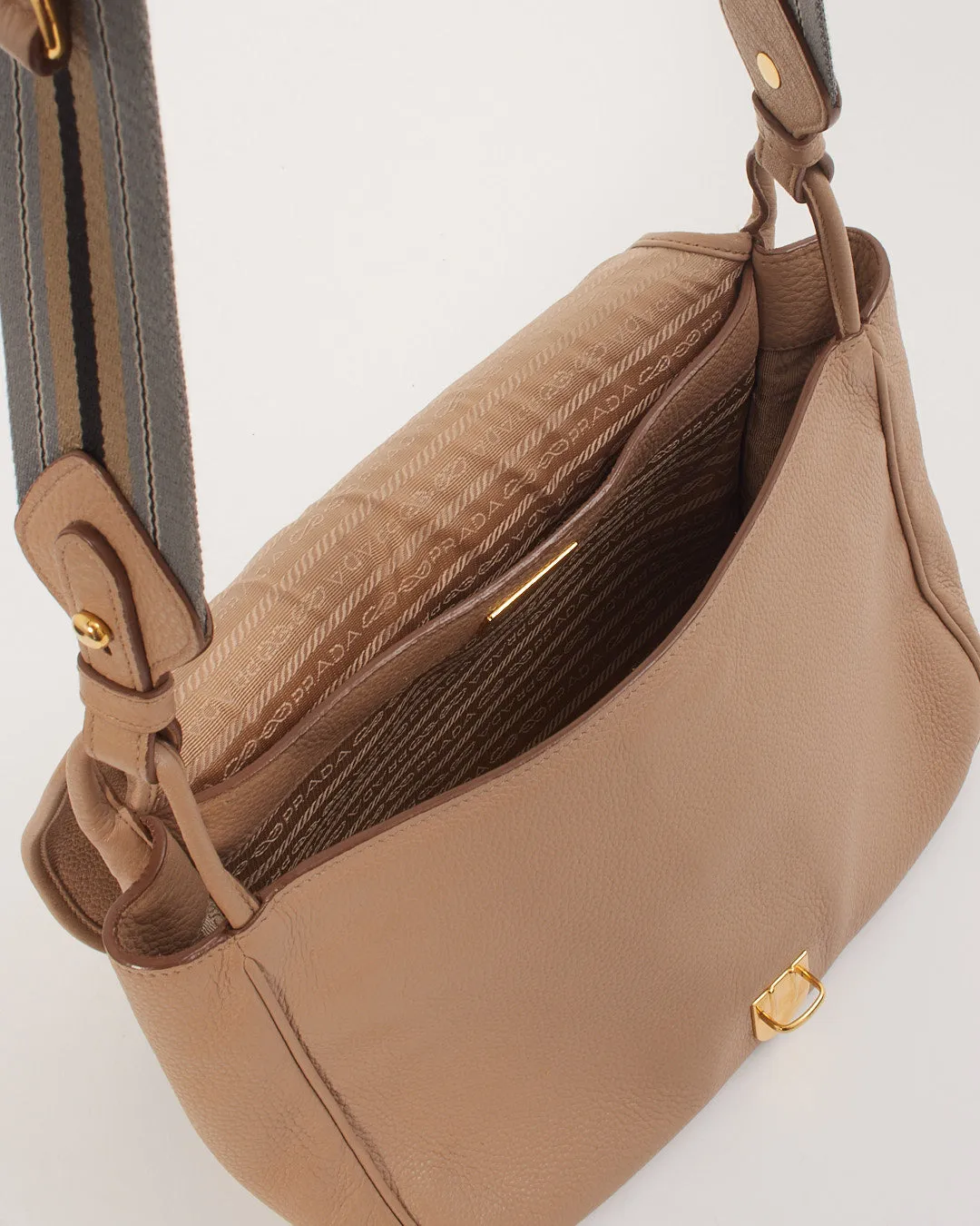 Prada Beige Leather Canapa Logo Fabric Strap Crossbody Bag