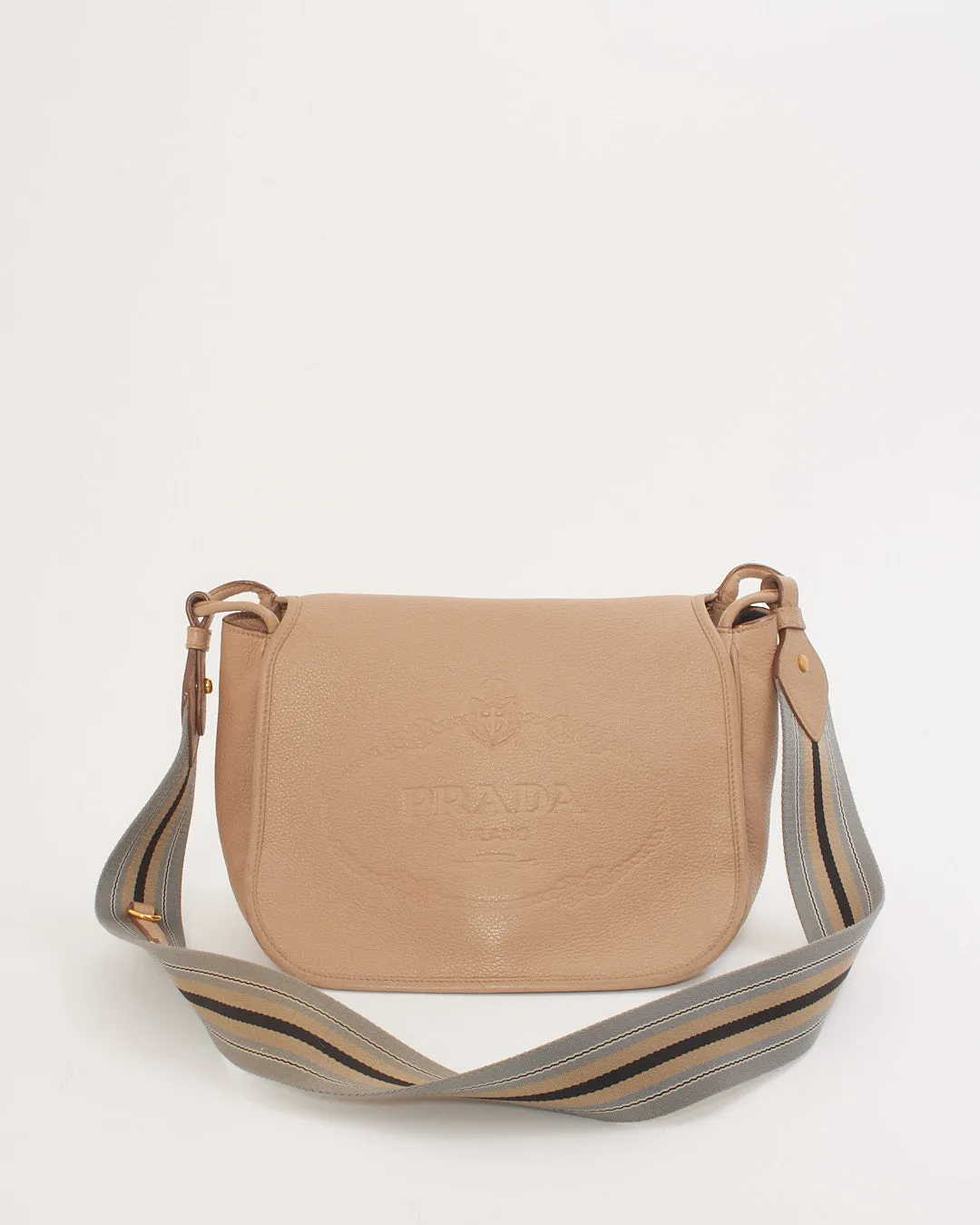 Prada Beige Leather Canapa Logo Fabric Strap Crossbody Bag