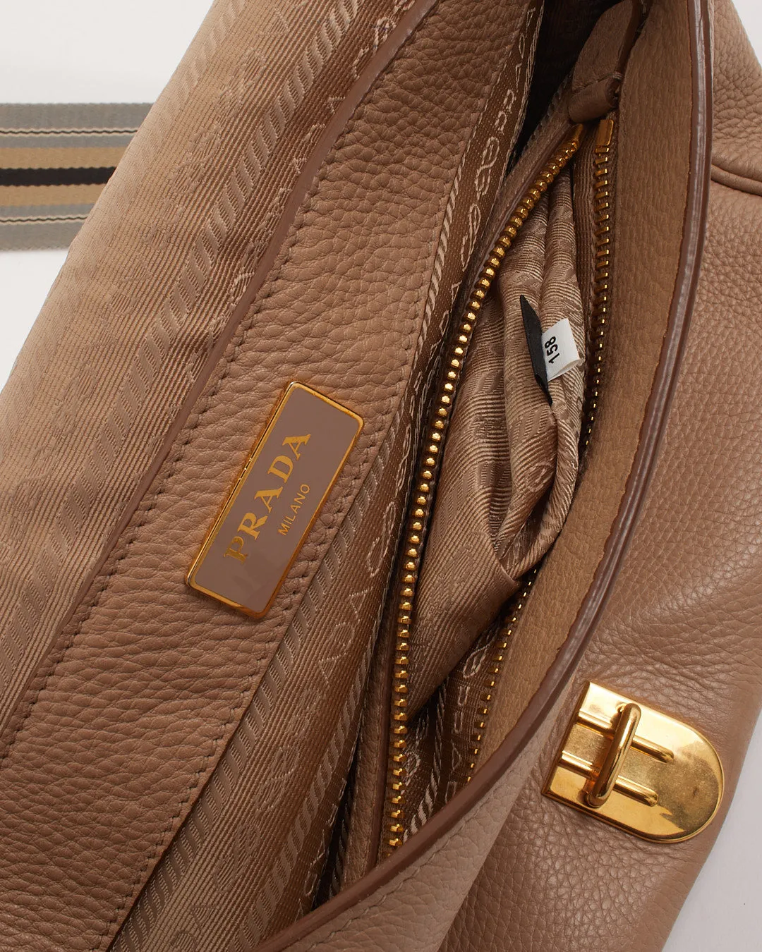 Prada Beige Leather Canapa Logo Fabric Strap Crossbody Bag