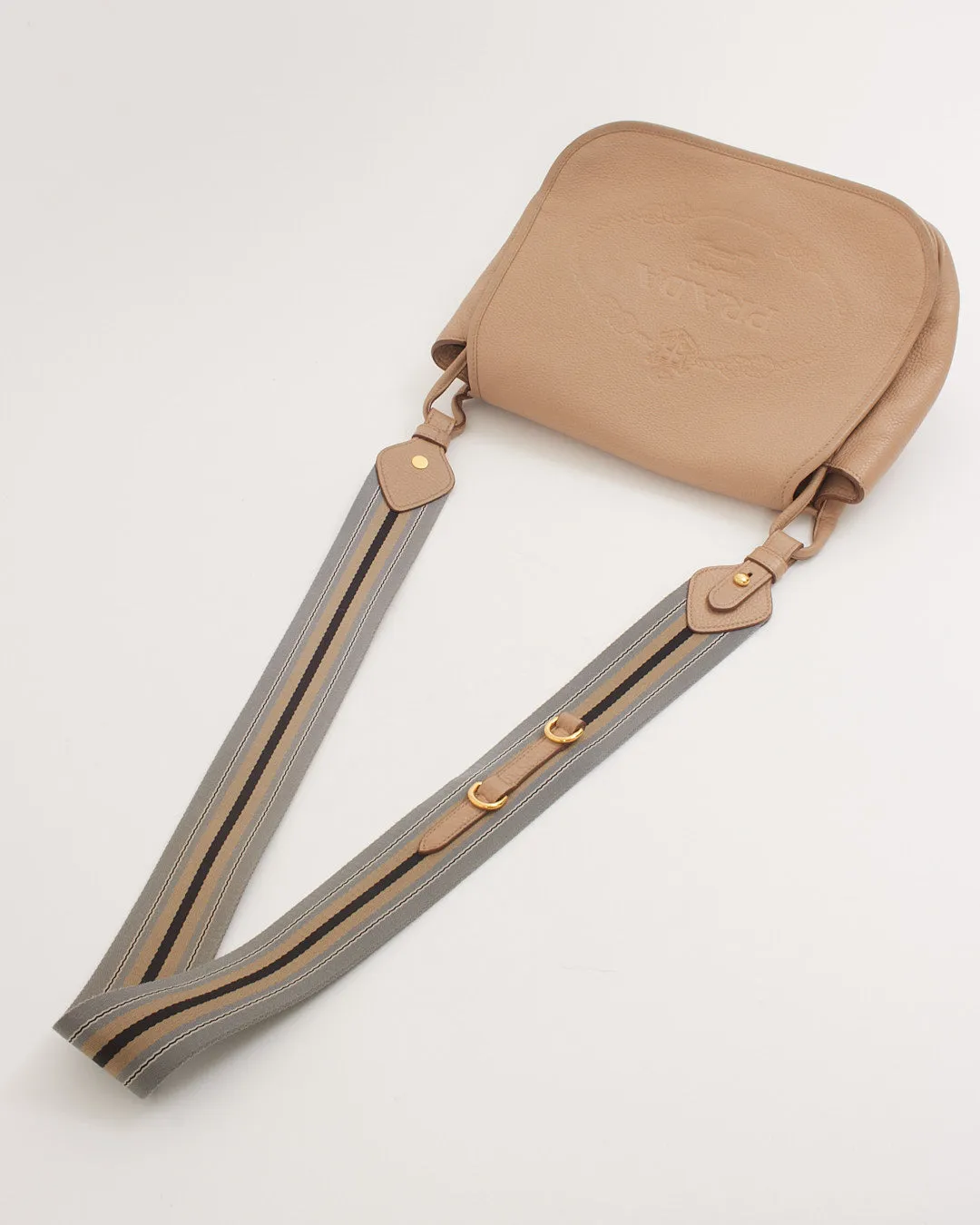 Prada Beige Leather Canapa Logo Fabric Strap Crossbody Bag