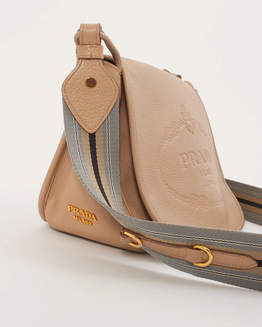 Prada Beige Leather Canapa Logo Fabric Strap Crossbody Bag