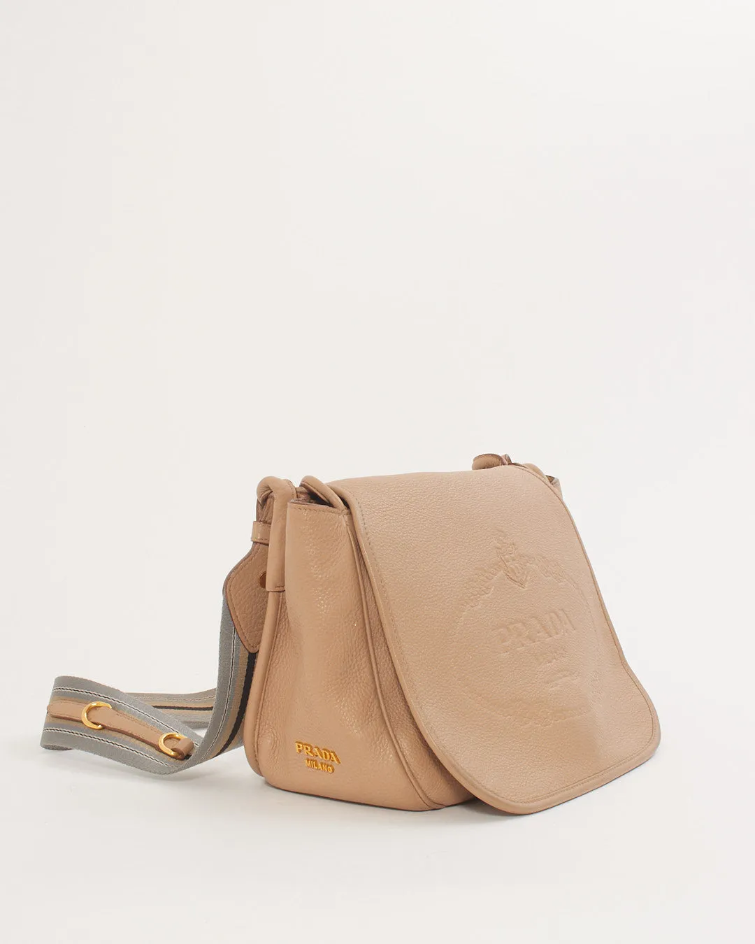 Prada Beige Leather Canapa Logo Fabric Strap Crossbody Bag