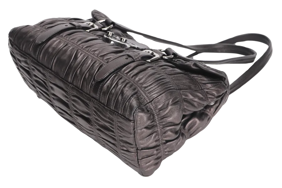 PRADA BR3971 PUSHLOCK FLAP BAG METALIC GREY LEATHER SILVER HARDWARE WITH DUST COVER