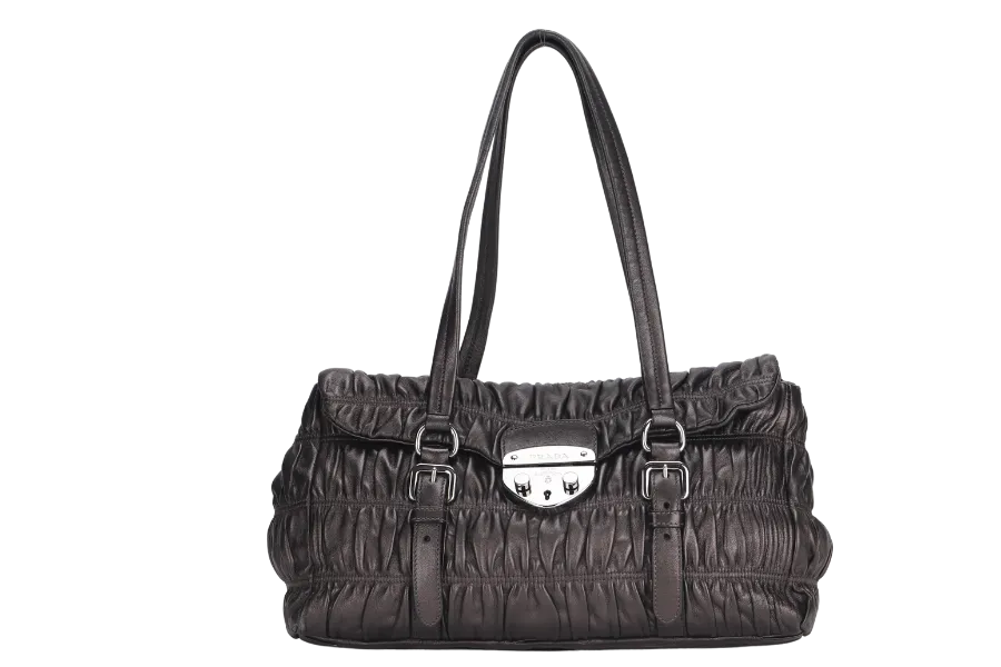 PRADA BR3971 PUSHLOCK FLAP BAG METALIC GREY LEATHER SILVER HARDWARE WITH DUST COVER