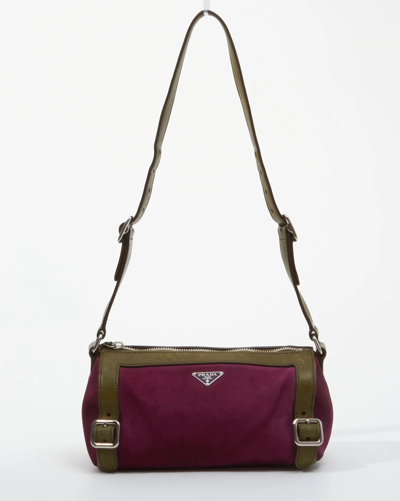 Prada Fuchsia and Olive Suede Small Duffle Shoulder Bag