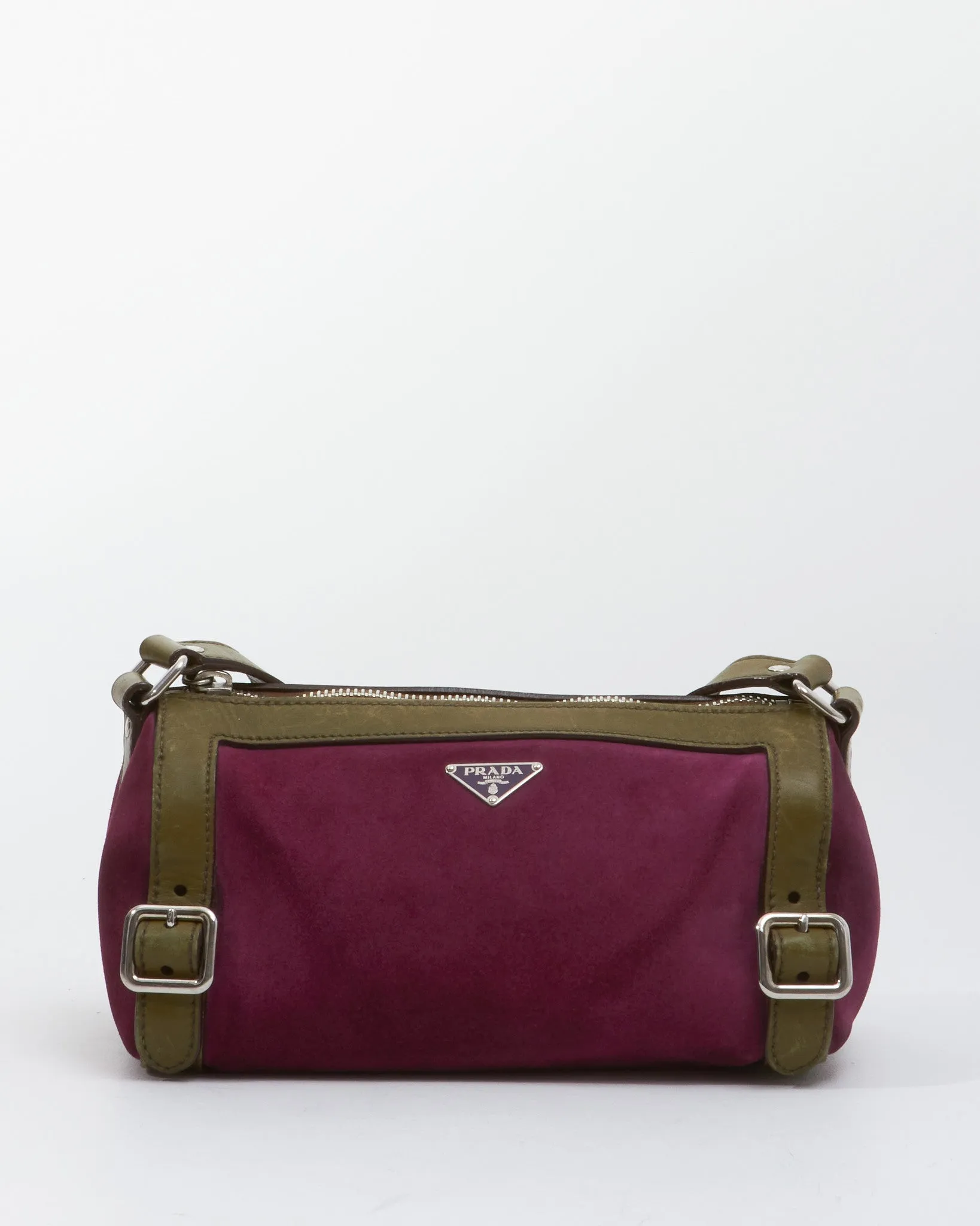 Prada Fuchsia and Olive Suede Small Duffle Shoulder Bag