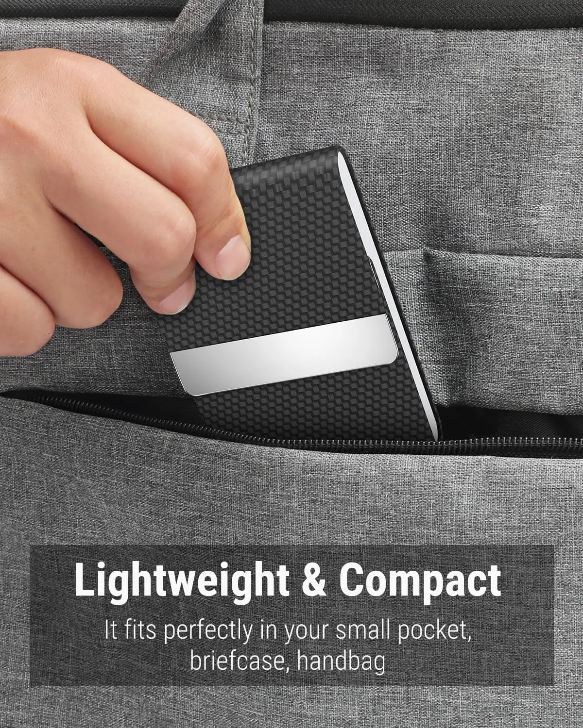 PU Leather Metal Slim Business Card Holder, RFID Blocking Magnetic Business Card Carrier, Black Carbon