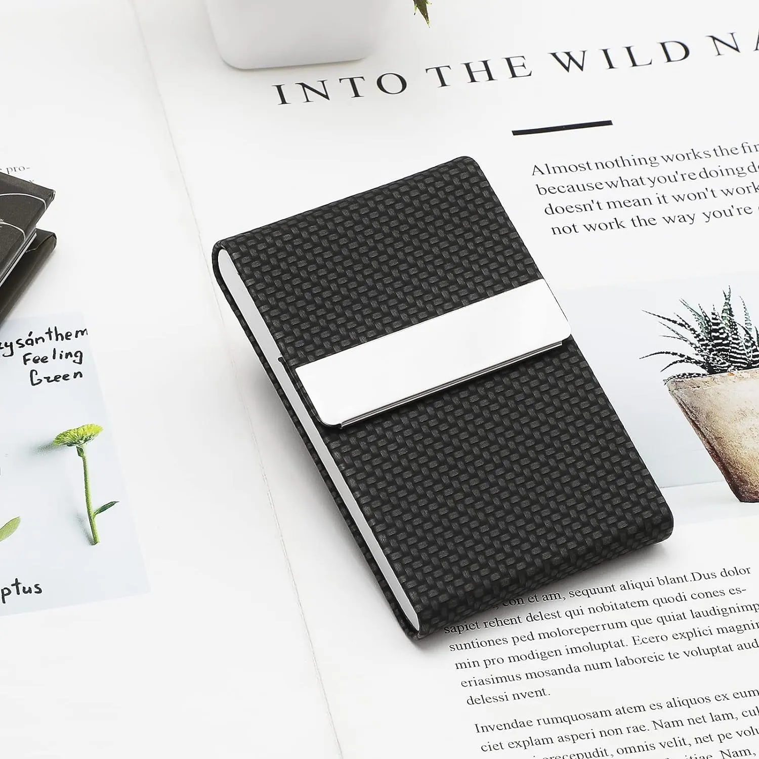 PU Leather Metal Slim Business Card Holder, RFID Blocking Magnetic Business Card Carrier, Black Carbon