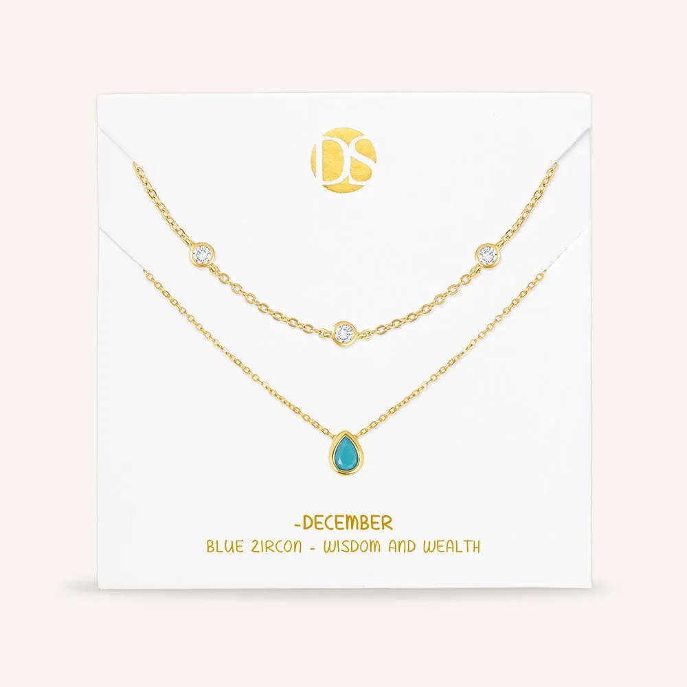"Keepsakes" Set of Two Pear Cut Birthstone & Station Layering Necklaces