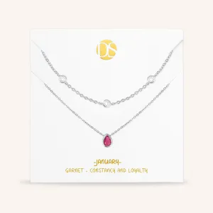 "Keepsakes" Set of Two Pear Cut Birthstone & Station Layering Necklaces