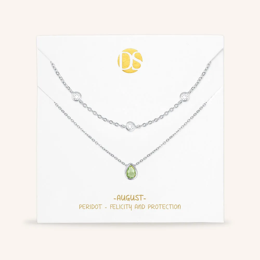 "Keepsakes" Set of Two Pear Cut Birthstone & Station Layering Necklaces