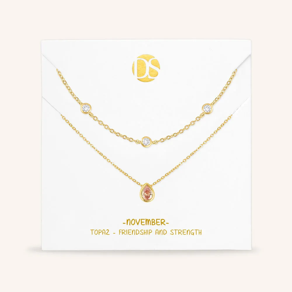 "Keepsakes" Set of Two Pear Cut Birthstone & Station Layering Necklaces