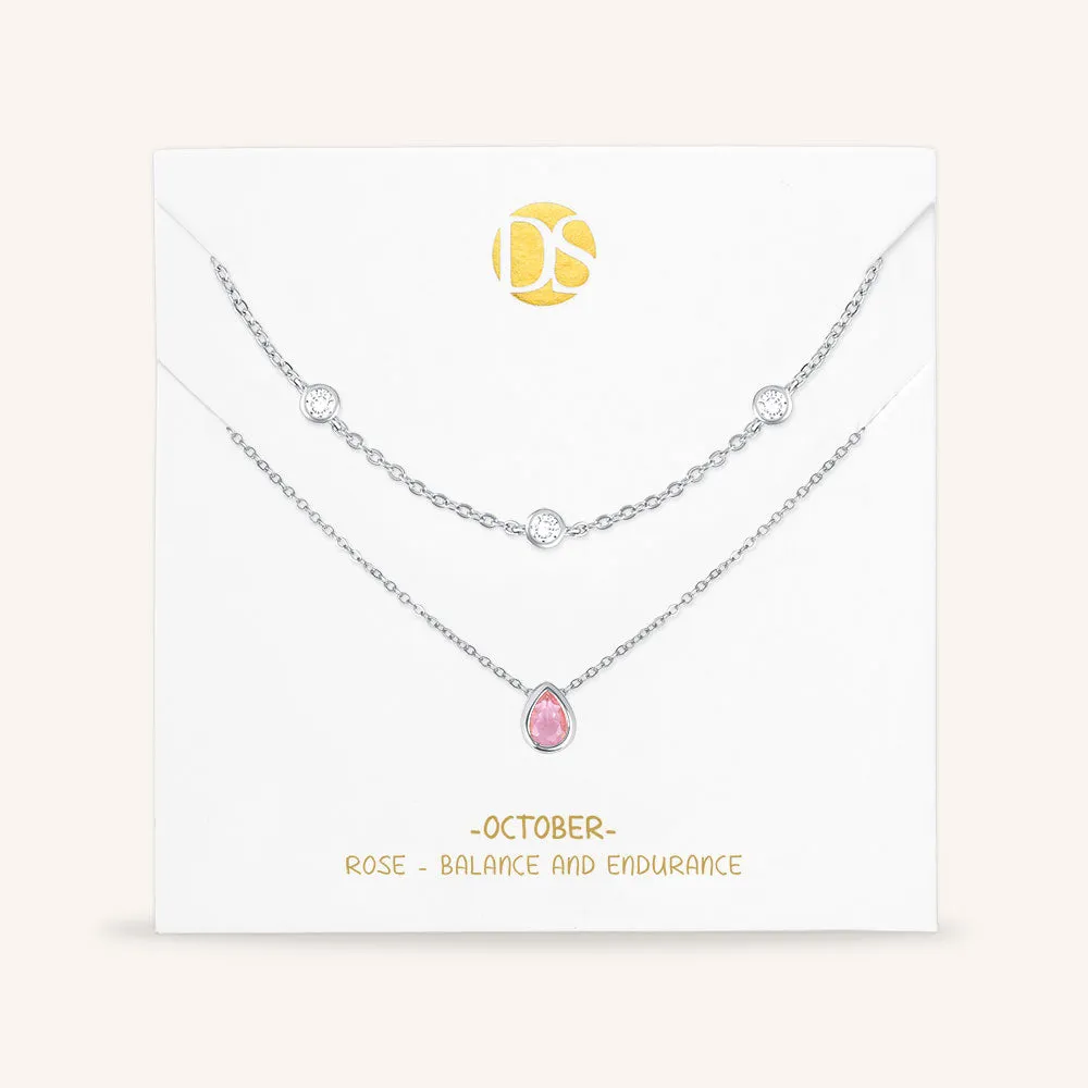 "Keepsakes" Set of Two Pear Cut Birthstone & Station Layering Necklaces