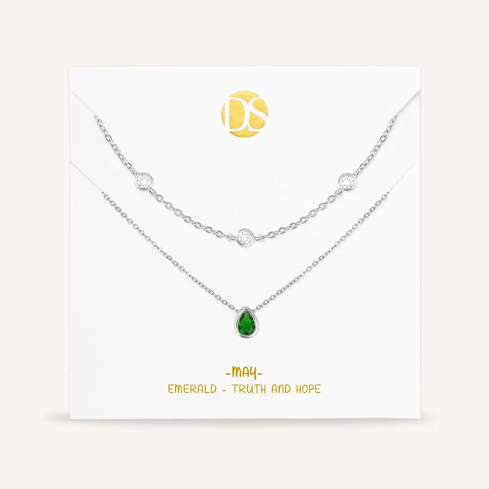 "Keepsakes" Set of Two Pear Cut Birthstone & Station Layering Necklaces