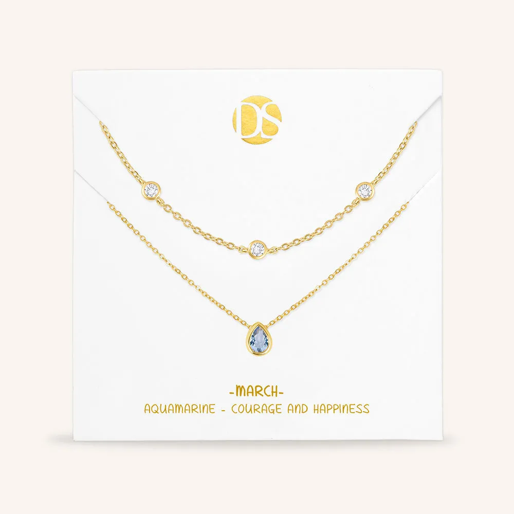 "Keepsakes" Set of Two Pear Cut Birthstone & Station Layering Necklaces