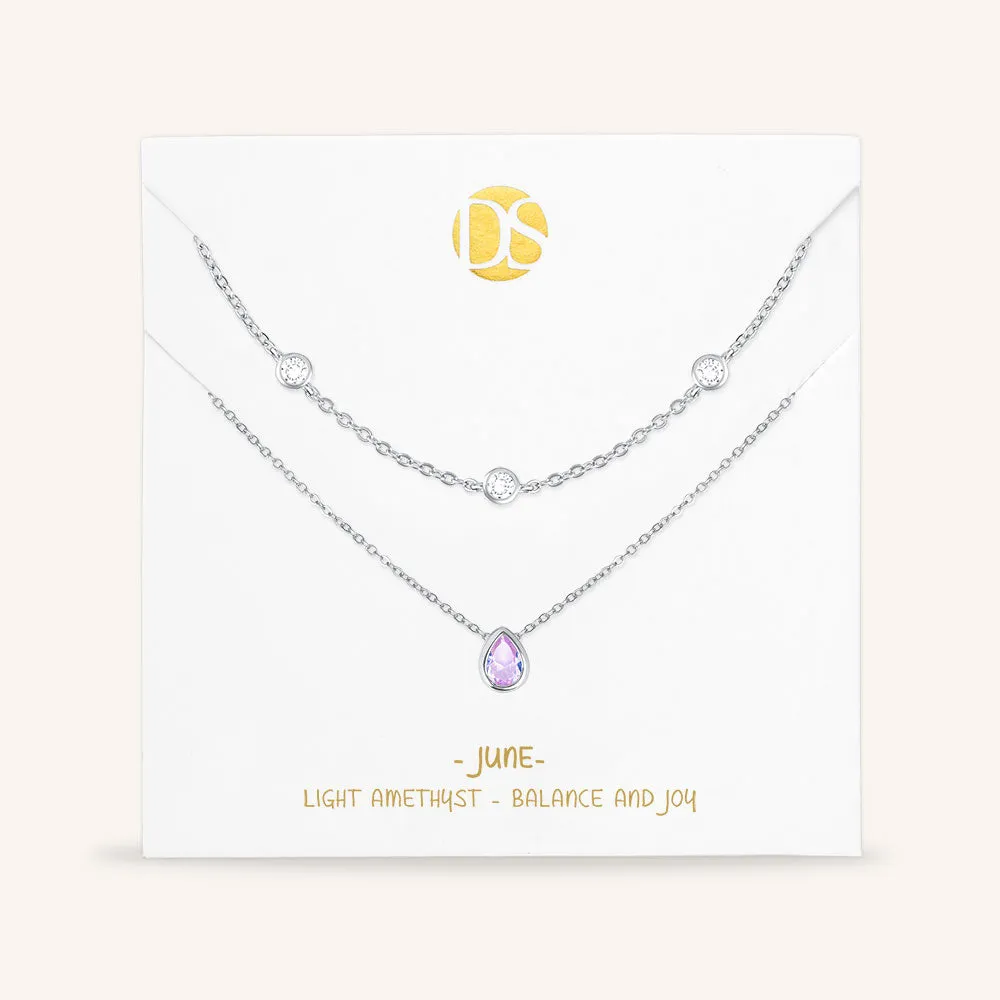 "Keepsakes" Set of Two Pear Cut Birthstone & Station Layering Necklaces